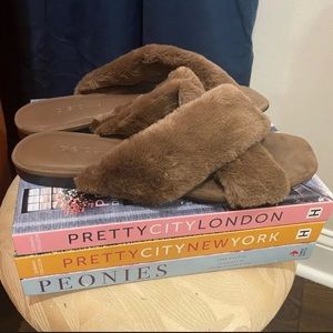 Women's Mango Violeta Criss Cross Fur Slide Slipper Sandal Brown 39